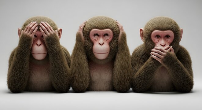 Three wise monkeys representing hear no evil see no evil speak no evil on a white background.