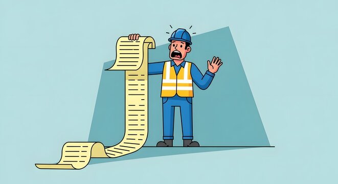 Overwhelmed construction worker looking at a long list of tasks with a stressed expression, highlighting project management challenges and workload stress