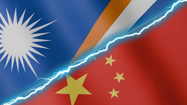 Two waving flags Marshall Islands and China with diagonal lightning seamless, 4k loop