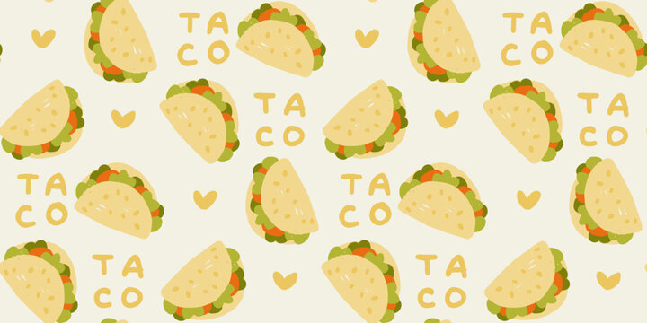 Seamless Taco Pattern with Hand-Drawn Illustrations and 'TACO' Text on Light Background, Cartoon Style Food Repeat for Textile and Paper
