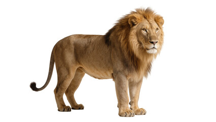 Mature male lion standing sideways with full mane and dark tail © Marigold