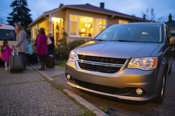 Naklejka premium Minivan parked at curb as guests board shuttle outside family gathering house