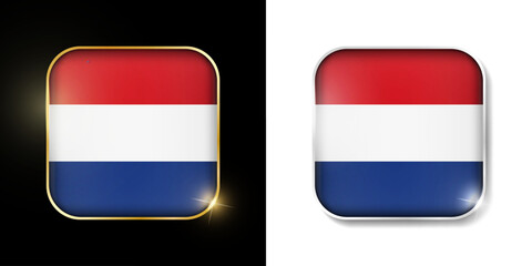 Fototapeta premium Netherlands flag shiny golden and silver icons isolated on black and white. Vector 3D square rounded illuminated buttons with shadow. Use for bets, tournament, sport games