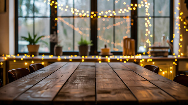 Wooden table with blurred background of large window decorated with warm glowing string lights creating cozy rustic festive holiday atmosphere