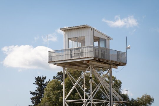White lookout watch tower of UN in buffer zone in Nicosia, Cyprus