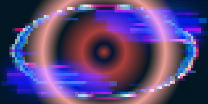 Glitch frame ring with bug distortion and cyan red digital artifacts for futuristic interface. Circular border with noise lines and data corruption effects. Cyberpunk design for tech game overlays.
