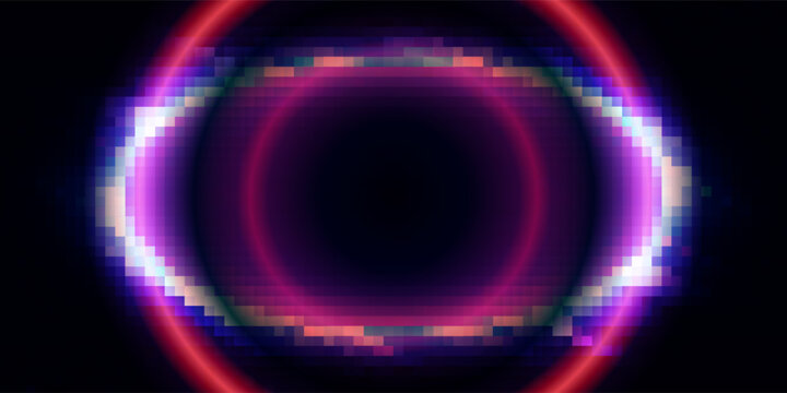 Glitch frame ring with bug distortion and cyan red digital artifacts for futuristic interface. Circular border with noise lines and data corruption effects. Cyberpunk design for tech game overlays.