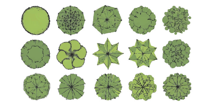 Set of fifteen green tree top view icons for architectural site plans and landscape design