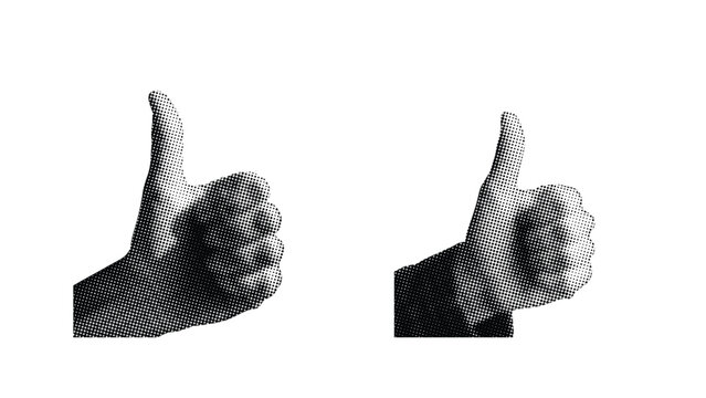 Two abstract thumbs up gestures in black and white dot matrix style