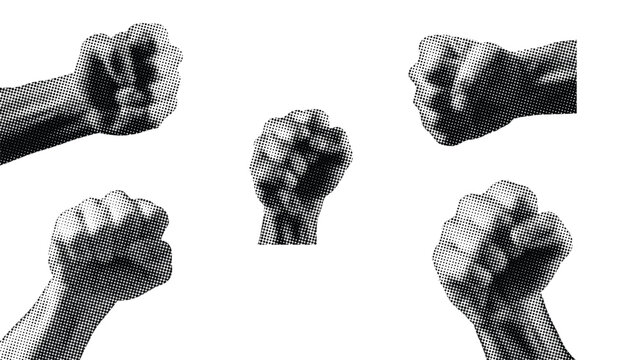 Abstract black and white sketch of five clenched fists expressing strength and determination
