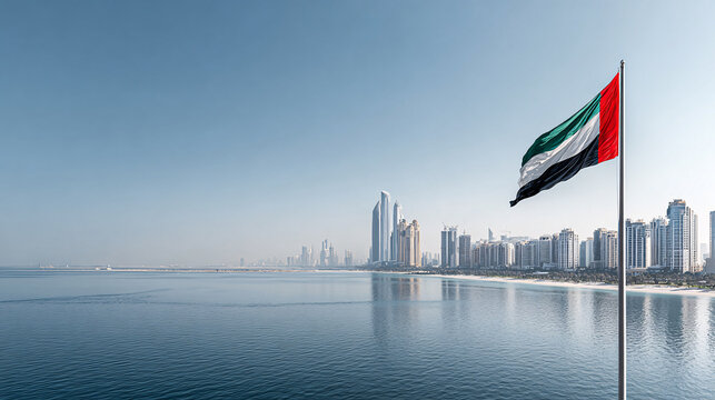 UAE Flag Waving Over Abu Dhabi Skyline with Modern Skyscrapers and Waterfront View