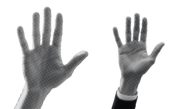 Abstract representation of two human hands in a pointillistic black and white style