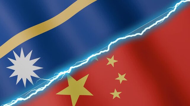 Two waving flags Nauru and China with diagonal lightning seamless, 4k loop