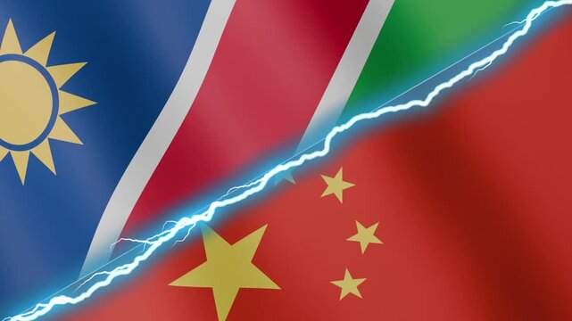 Two waving flags Namibia and China with diagonal lightning seamless, 4k loop