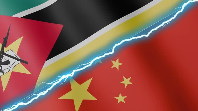 Two waving flags Mozambique and China with diagonal lightning seamless, 4k loop