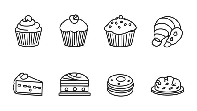 Bakery Delights: A collection of delightful baked goods, including cupcakes, muffins, a croissant, cake slice, layer cake, donuts, and bread, all presented as simple line art.