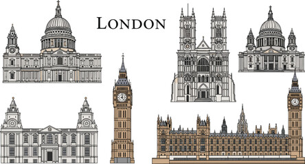 Fototapeta premium Famous London Landmarks Set with St. Paul's Cathedral, Big Ben, Westminster Abbey, and Houses of Parliament in Architectural Illustrations