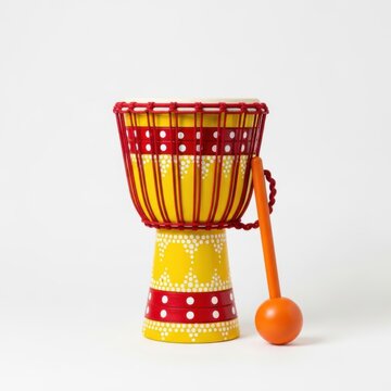 Vibrant hand drum with wooden mallet and colorful woven design Vector
