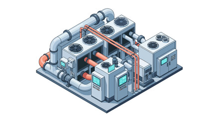 Fototapeta premium Isometric HVAC System Illustration: Industrial Cooling Units and Air Conditioning Infrastructure with Digital Controls on White Background