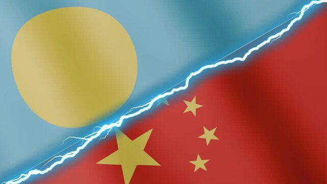 Two waving flags Palau and China with diagonal lightning seamless, 4k loop
