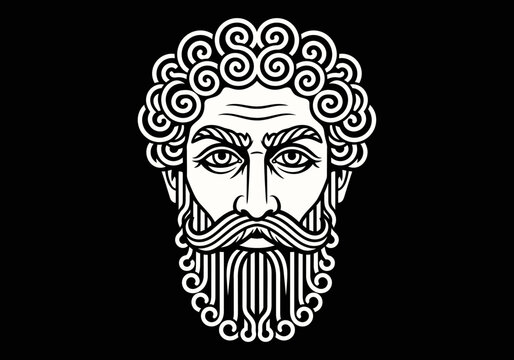 Ancient Greek god head line art illustration on black background