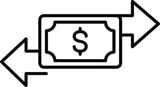 Minimalist money transfer icon vector, black line art dollar banknote with exchange arrows, financial transaction and currency conversion symbol