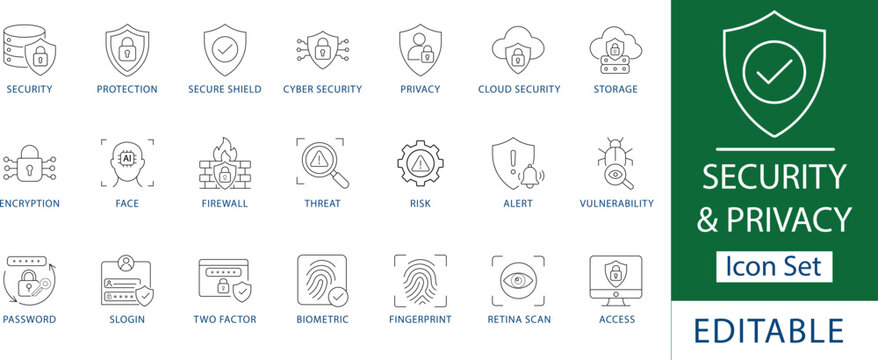 Cybersecurity and Data Privacy Icon Set: Professional Cloud Security, Biometric Fingerprint, Encryption, Firewall Threat Detection, Risk Management, Secure Login, and Access Control Line Icons.