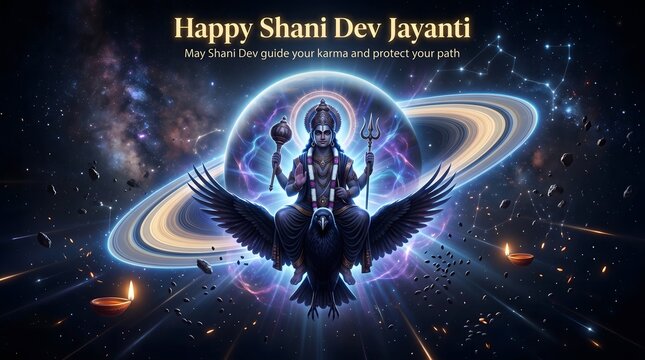 Hindu deity shani dev seated on a crow in cosmic nebula with glowing rings and oil lamps celebrating