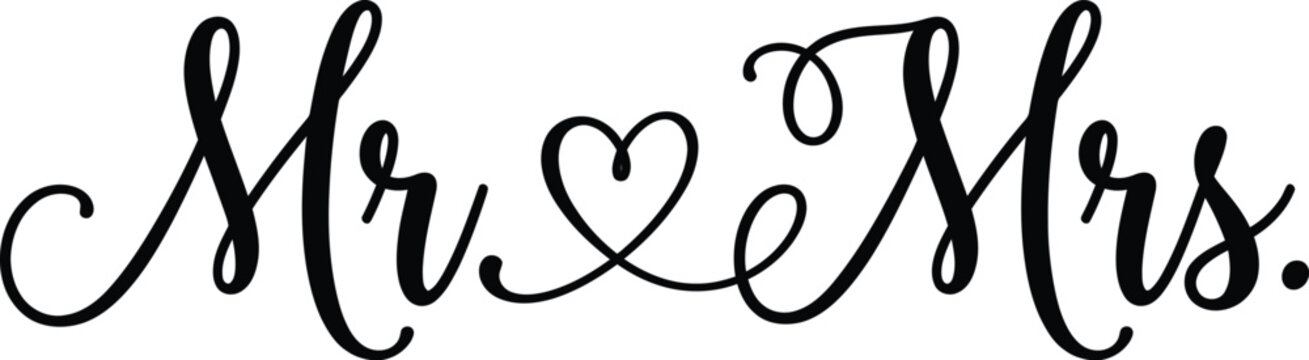 Mr and Mrs typography art with heart icon for wedding invitations and romantic decor prints on white