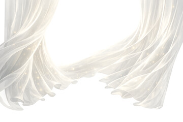 sheer curtains glowing particles, glowing dust in curtains, soft light sheer curtains, dreamy window curtains glow, ethereal curtain light, floating particles interior, sunlight through sheer fabric, 