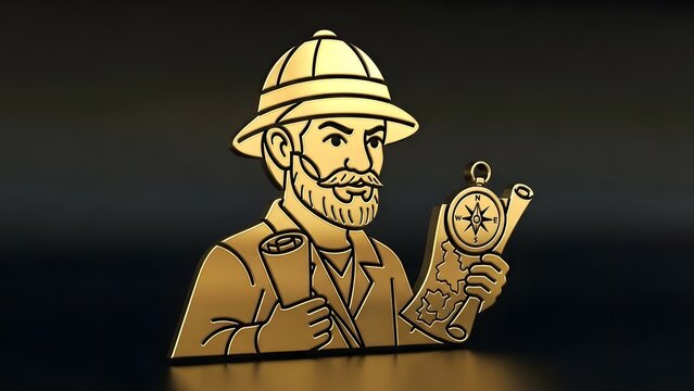 Golden 3D Explorer Icon with Pith Helmet Holding a Map and Compass for Travel and Adventure Concept