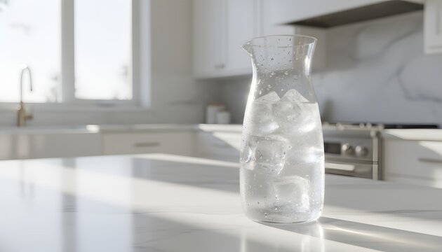 Glass pitcher with condensation drops filled with ice water on a marble kitchen counter for a healthy hydration and refreshment concept in a bright modern home