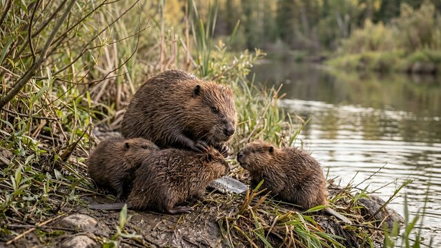 Adult beaver with three small kits standing on a riverbank in nature