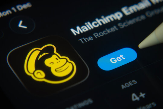 Dhaka, Bangladesh- 01 Dec 2025: A close-up of the Mailchimp app icon in the App Store on an iPad screen.