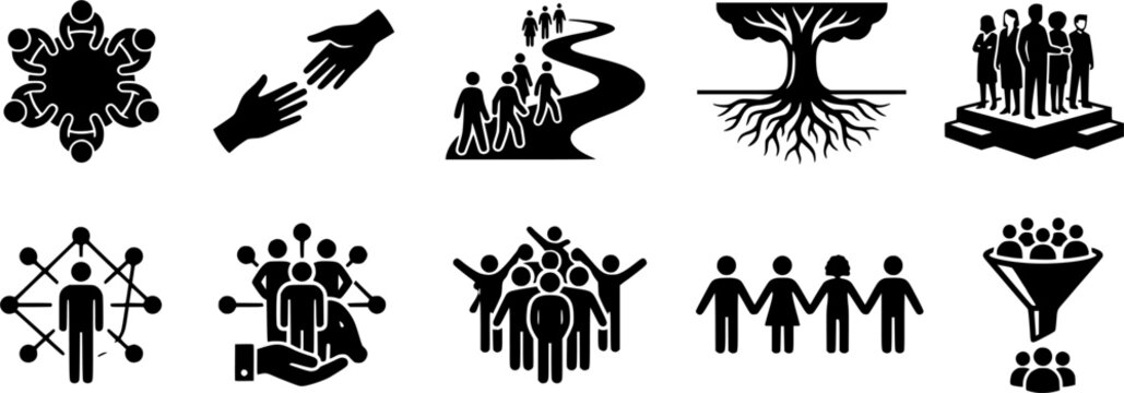Pictogram collection illustrating concepts of community gathering, helping hands, group journey, strong foundation, and leadership success, ideal for business presentations and social issues