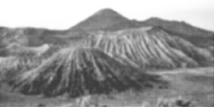 Grayscale vector halftone dots background with a fading dot effect, resembling a abstract mountain landscape. Black noise dots, a sand grain effect, and grunge banner.