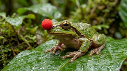 Obraz premium Green tree frog with a small red ball on its nose sitting on a leaf