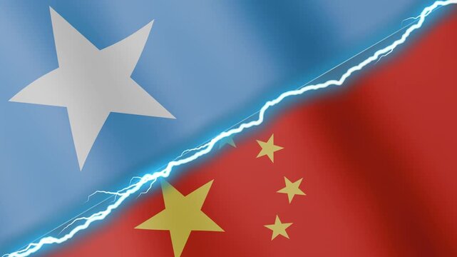 Two waving flags Somalia and China with diagonal lightning seamless, 4k loop