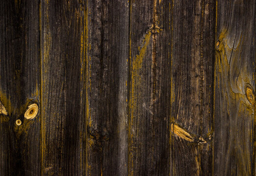 Weathered dark wood background with knots and peeling yellow paint.