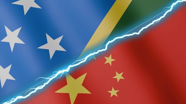 Two waving flags Solomon Islands and China with diagonal lightning seamless, 4k loop