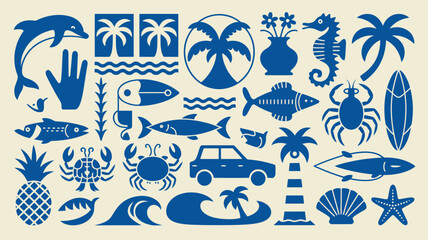 Fototapeta premium A collection of marine life tropical elements and beach themed illustrations