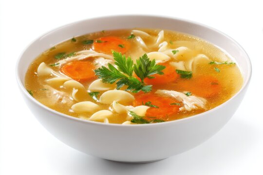 Minimalist chicken noodle soup on white