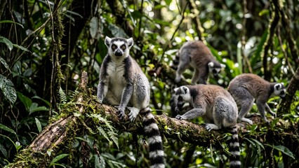 Fototapeta premium Ring-tailed lemurs resting on a mossy tree branch in a lush green forest