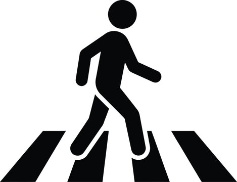 Pedestrian crossing silhouette on black and white zebra crossing for traffic and road safety signs
