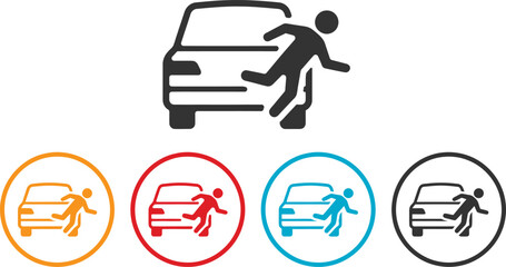 Fototapeta premium Black and colored icons showing a pedestrian being struck by a moving vehicle on a simple white background design element