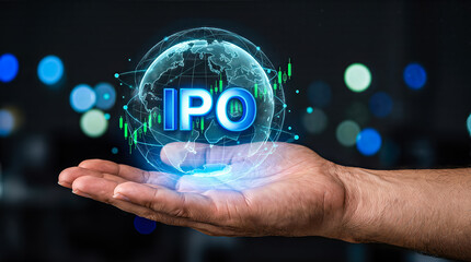Fototapeta premium Hand holding a glowing globe with the acronym IPO and financial growth indicators, representing global asset growth and investment opportunities in a digital environment