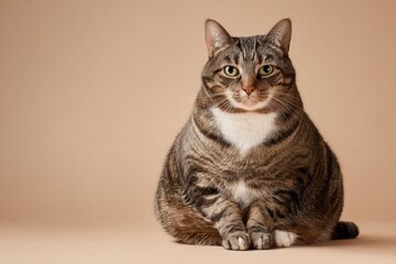 Obraz premium Chonky cat sitting on solid beige