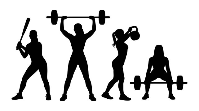 Silhouettes of women exercising with weights and baseball bat cool down exercise silhouette training
