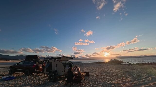 Mature couple makes food and eats dinner while enjoying sunset by their teardrop camper in Baja California Mexico.