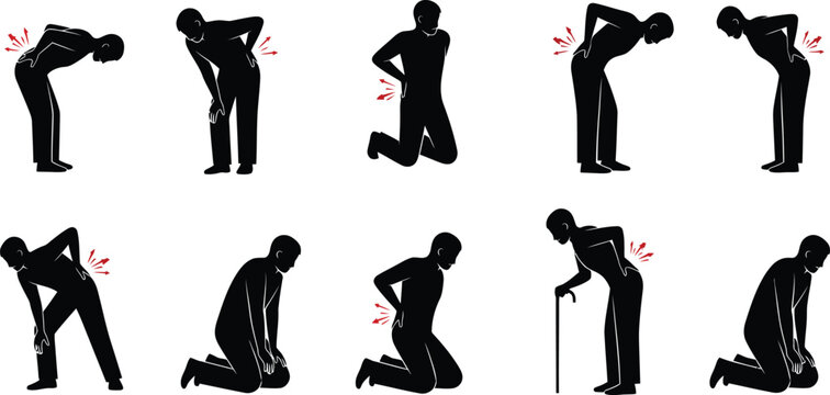Silhouettes of people experiencing back pain and discomfort in various poses